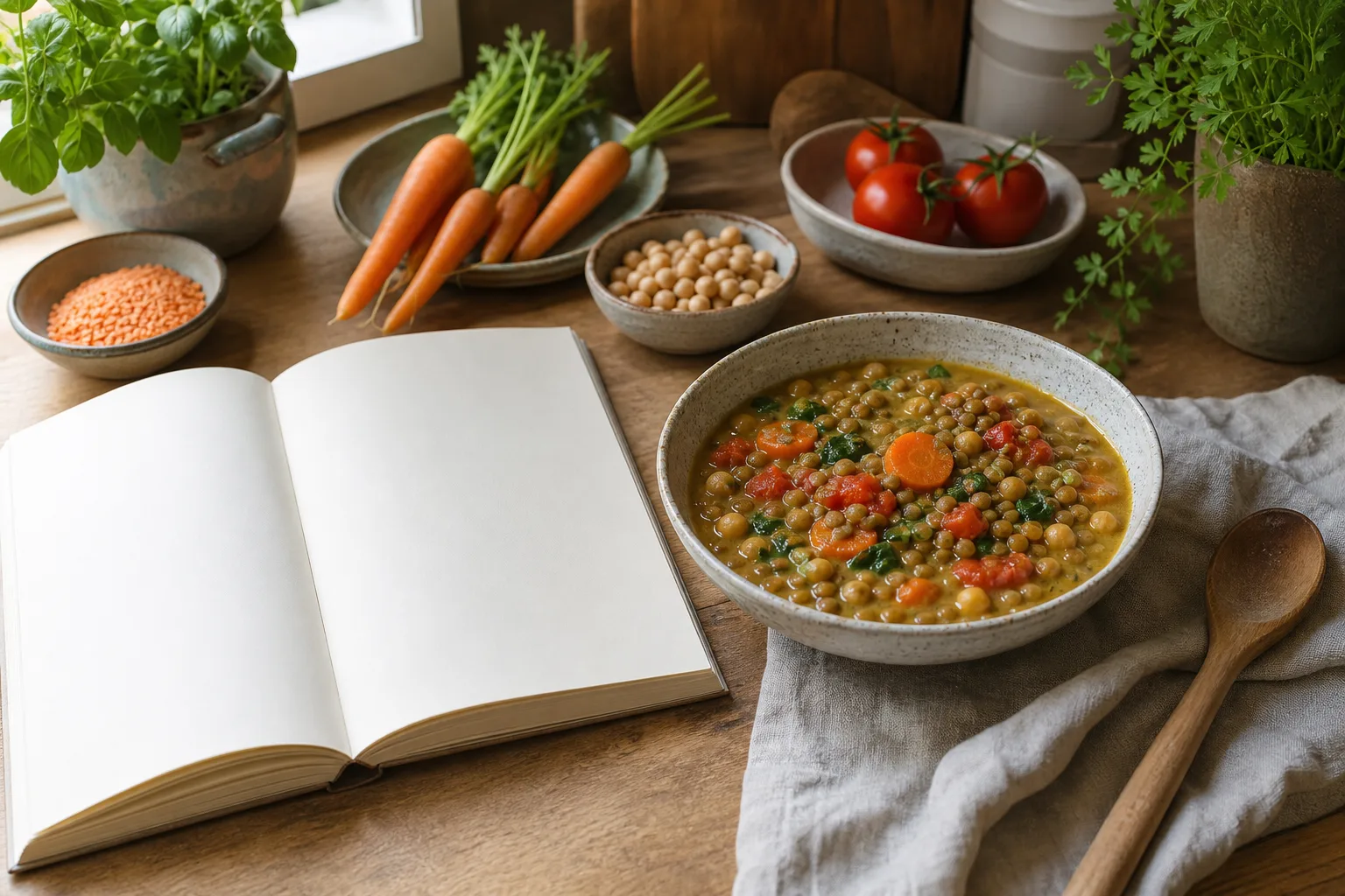 Öppen receptbok bredvid en vegetarisk gryta med linser, kikärter och grönsaker